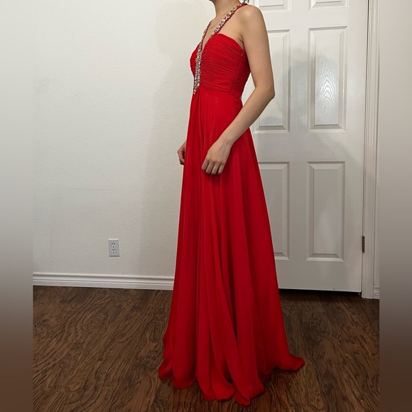 Princess Collection Red Evening Gown with Bedazzled Neckline Size 4 - Picture 3 of 8
